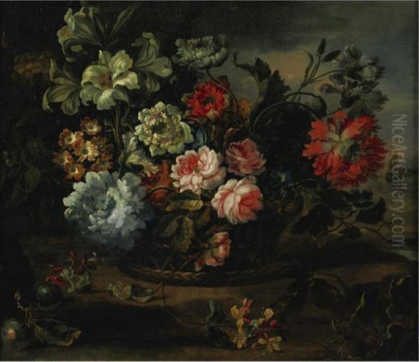 Still Life With Flowers In A Basket Resting On A Ledge Oil Painting by Antoine Monnoyer