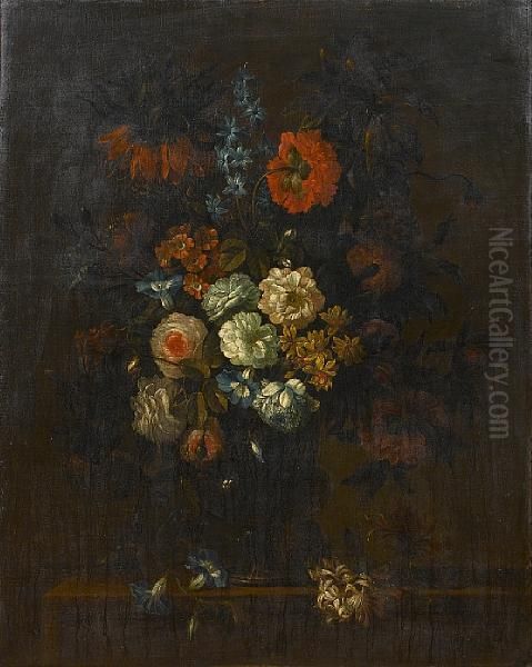 Roses, Chrysanthemums, 
Convolvulus, And Otherflowers In A Glass Vase On A Stone Ledge With 
Honeysuckle Oil Painting by Antoine Monnoyer