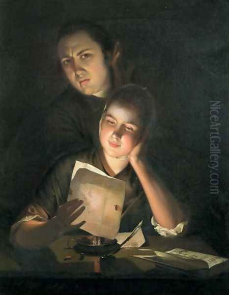 A Girl reading a letter by Candlelight, with a Young Man peering over her shoulder, c.1760-2 Oil Painting by Josepf Wright Of Derby