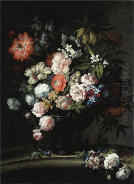 Natura Morta Con Rose Centifolia, Peonie, Anemoni, Lilla E Papaveroin Un Vaso Oil Painting by Antoine Monnoyer