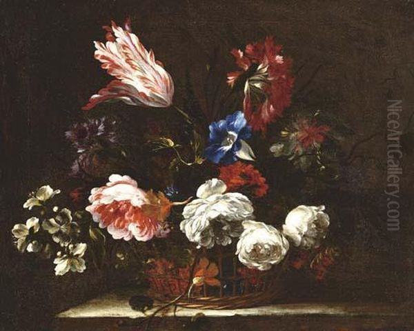 Roses, Tulips And Other Flowers In A Basket On A Stone Ledge Oil Painting by Antoine Monnoyer