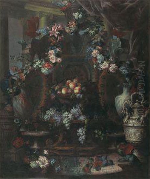 Nature Morte De Pieces D'orfevreries, Plats De Raisin Et Peches, Guirlandes De Fleurs Oil Painting by Antoine Monnoyer