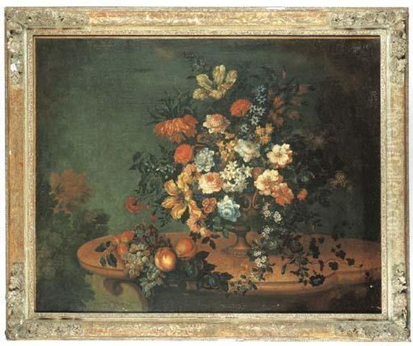 Fleurs Dans Un Vase En Metal Et Fruits Sur Une Console Enpierre Oil Painting by Antoine Monnoyer