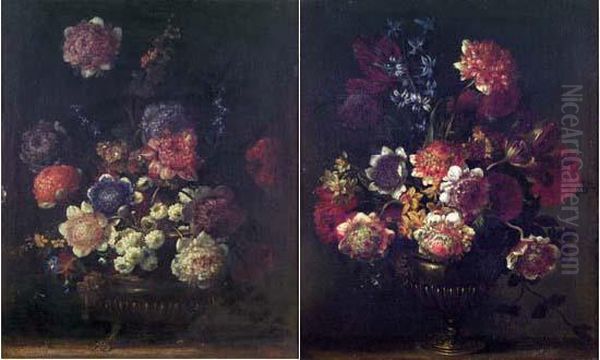 Bouquets De Fleurs Dans Des Vases En Bronze Oil Painting by Antoine Monnoyer