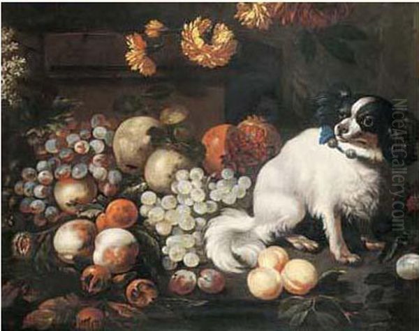 Nature Morte De Raisins Peches Et Chien Oil Painting by Antoine Monnoyer