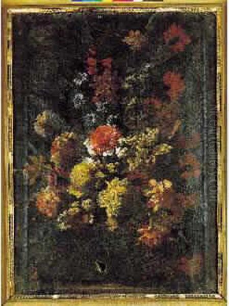 Nature Morte Au Vase De Fleurs Sur Un Entablement Oil Painting by Antoine Monnoyer