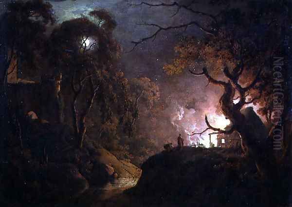 A Cottage on Fire at Night, c.1785-93 Oil Painting by Josepf Wright Of Derby