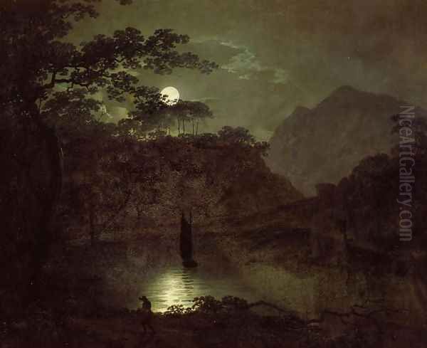 A Lake by Moonlight, c.1780-82 Oil Painting by Josepf Wright Of Derby