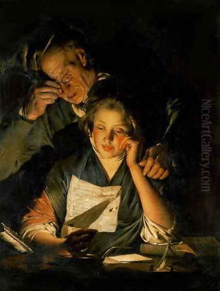 A Girl reading a Letter, with an Old Man reading over her shoulder, c.1767-70 Oil Painting by Josepf Wright Of Derby