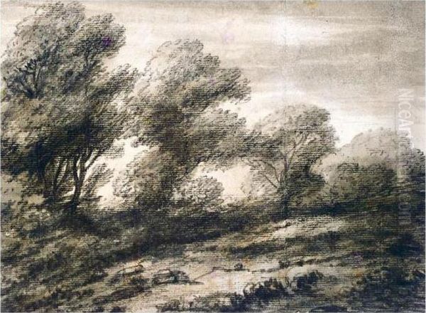 A Wooded Landscape Oil Painting by Thomas Monro