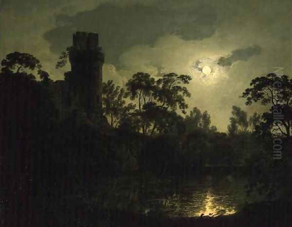 A Moonlit Lake by a Castle Oil Painting by Josepf Wright Of Derby