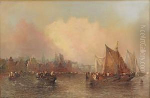 Dutch River (#) Fishing Boats In A Dutch Harbour Oil Painting by Clifford Montague