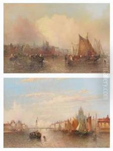 On A Dutch River; Fishing Boats In A Dutch Harbour Oil Painting by Clifford Montague