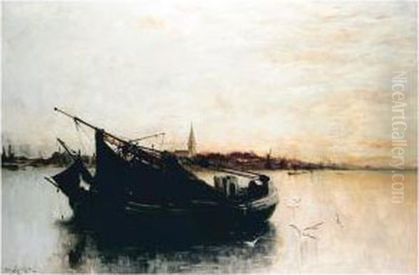 A Thames Barge Off Battersea Oil Painting by Clara Montalba