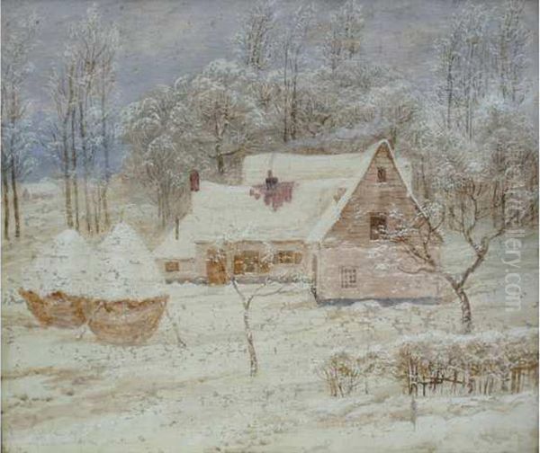 La Ferme En Hiver Sous La Neige Oil Painting by Constant Montald