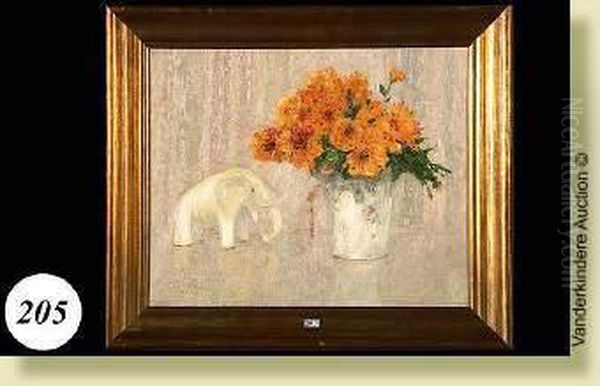 Nature Morte Aux Fleurs Et A L'elephant En Porcelaine Oil Painting by Constant Montald