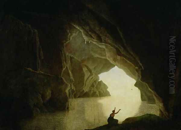 A Grotto in the Gulf of Salernum, with the figure of Julia, banished from Rome, exh. 1780 Oil Painting by Josepf Wright Of Derby