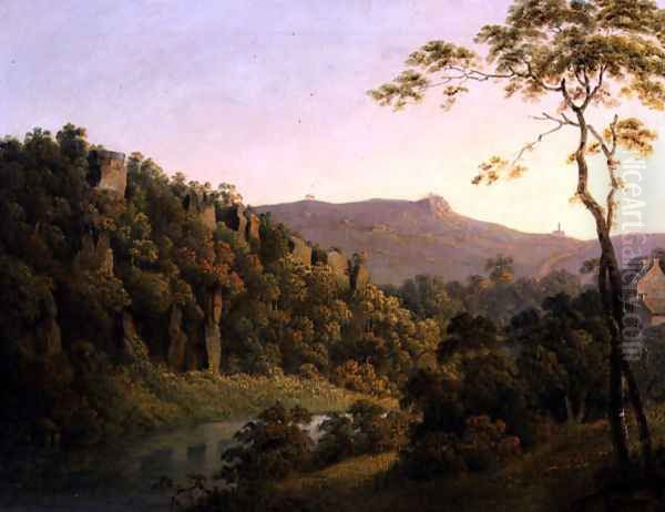 View in Matlock Dale, Looking Towards Black Rock Escarpment, c.1780-5 Oil Painting by Josepf Wright Of Derby