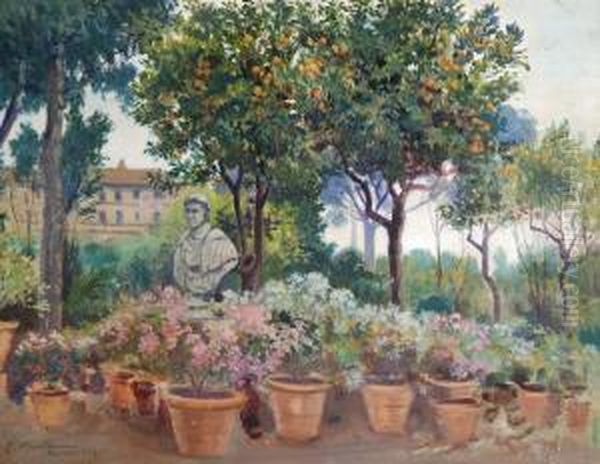 Giardino Con Vasi E Busto Oil Painting by Carlo Montani