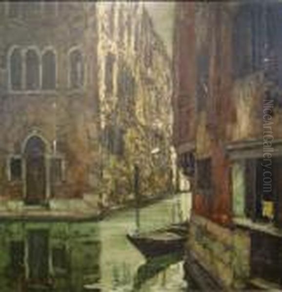 A Gondola Moored Beneath A Palazzo In A Side Canal, Venice Oil Painting by Carlo Montani