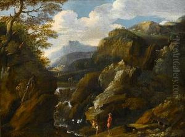 An Italianate Landscape With A Goatherd And His Flock Beside A Waterfall Oil Painting by Pietro Montanini