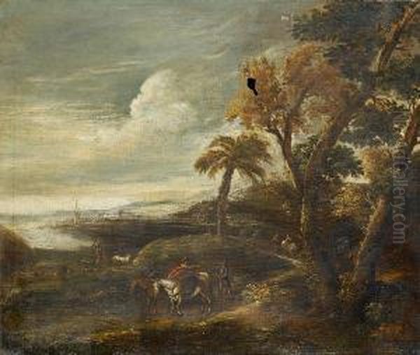 Travellers In A Coastal Landscape Oil Painting by Pietro Montanini