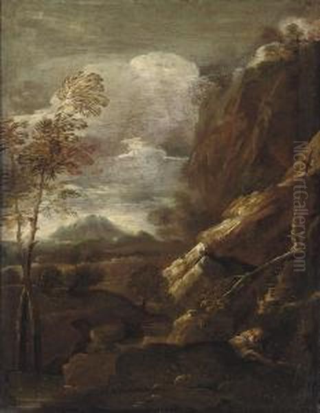 A Hermit In An Extensive Mountainous Landscape Oil Painting by Pietro Montanini