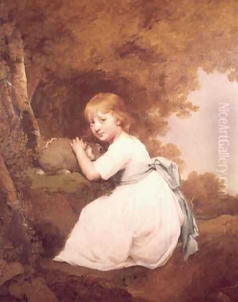 Miss Bentley in a white dress holding a rabbit Oil Painting by Josepf Wright Of Derby