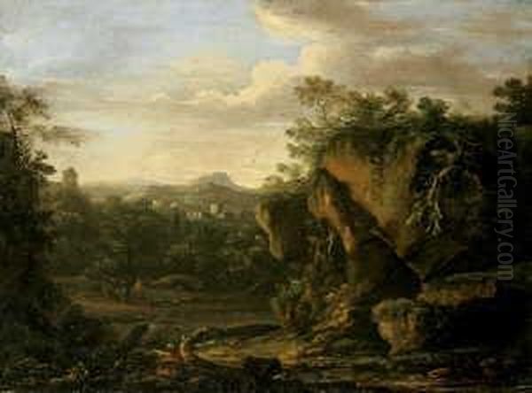 Sudliche Berglandschaft Mit Personenstaffage. Oil Painting by Pietro Montanini