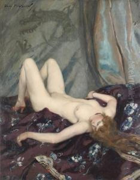 A Reclining Female Nude Oil Painting by Henri Montassier