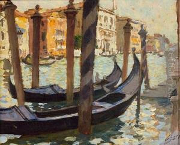 Gondoles Amarrees A Venise Oil Painting by Henri Montassier