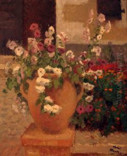 Pot De Petunias Et Soucis Dans Un Jardin Oil Painting by Henri Montassier