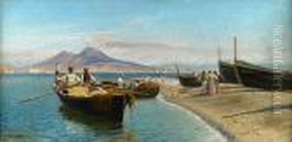 A View Of Naples With Vesuvius Beyond Oil Painting by Edoardo Monteforte