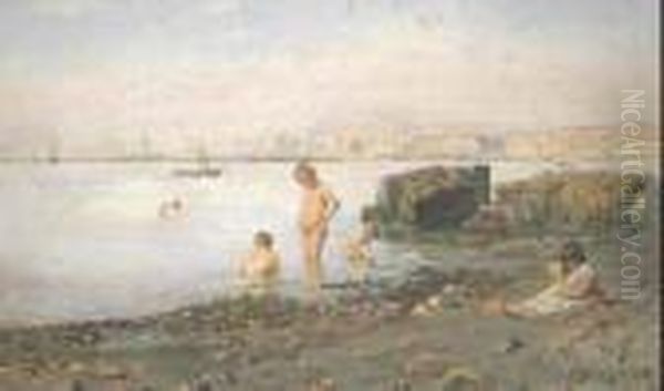 Bimbi Sulla Spiaggia Sullo 
Sfondo Di Napoli Oil Painting by Edoardo Monteforte