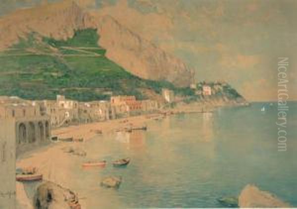 Capri Acquerello Su Cartone Cm 34x48.5 Firmato In Basso A Sinistra:e.monteforte Oil Painting by Edoardo Monteforte