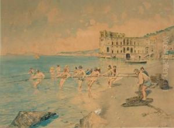 Palazzo Donn'anna E Pescatori Oil Painting by Edoardo Monteforte