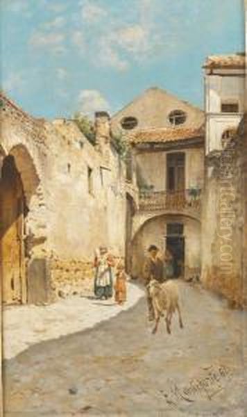 Borgo Assolato Con Contadini E Pecora Oil Painting by Edoardo Monteforte