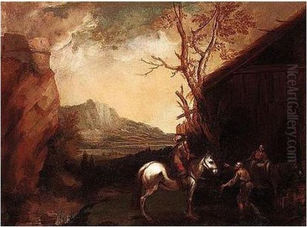 Mountainous Landscape With A Rider And Figures Conversing Before A Barn Oil Painting by Francesco Montelaticci, Cecco Bravo