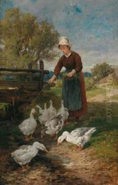 The Goose Girl Oil Painting by Antonio (Antonis Matteo) Montemezzo