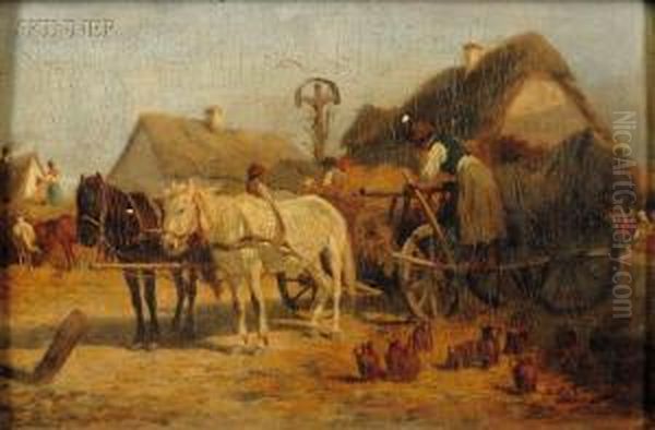 Unloading The Hay Oil Painting by Antonio (Antonis Matteo) Montemezzo