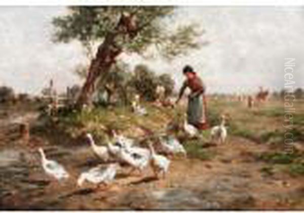 Herding The Geese Oil Painting by Antonio (Antonis Matteo) Montemezzo