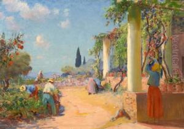 Les Vendanges Devant Le Mas Du Peintre Oil Painting by Frederic Montenard