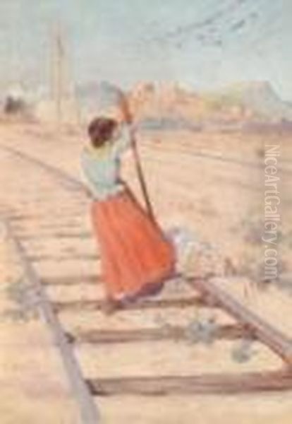 Femme Retirant Un Rocher Des Rails Oil Painting by Frederic Montenard