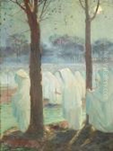 Nightly Procession At Riverside. Oil/canvas, Signed Oil Painting by Frederic Montenard