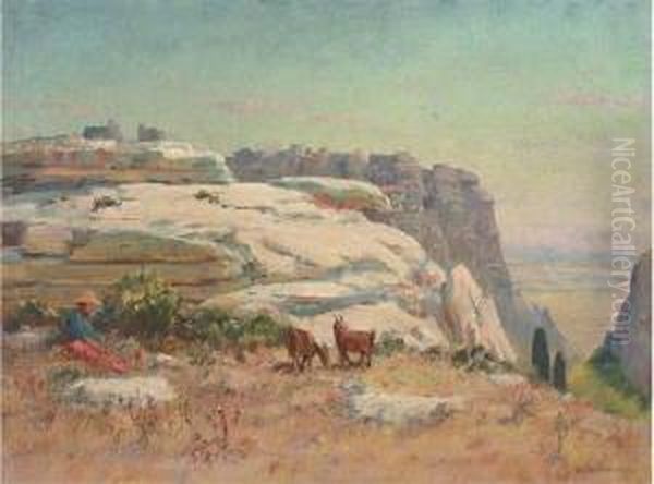 Goats On A Sunny Hill Side Oil Painting by Frederic Montenard