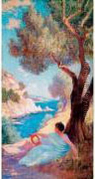 Femme Au Luth Dans Un Paysage Mediterraneen Oil Painting by Frederic Montenard