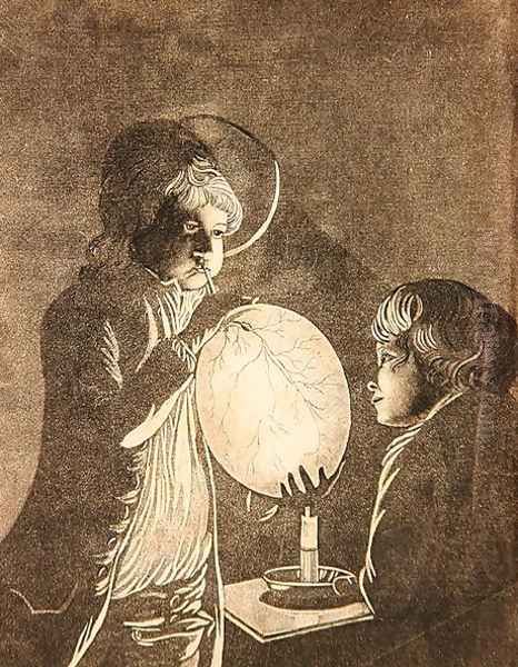 Two Boys Blowing a Bladder by Candlelight, aquatinted by Peter Perez Burdett (1735-93) Oil Painting by Josepf Wright Of Derby