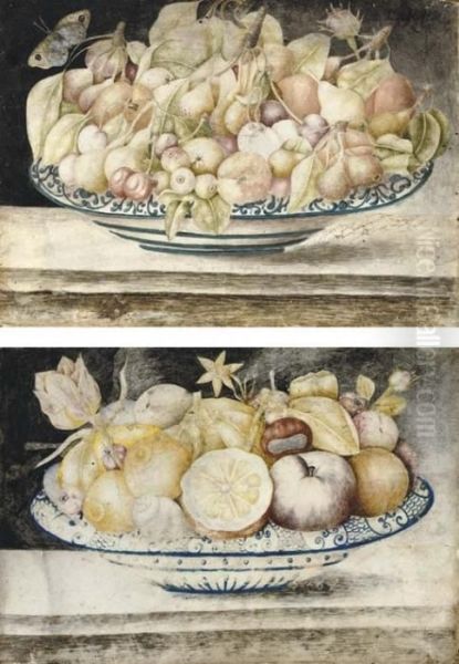 Still Life With Cherries, 
Peaches And Figs In A Blue And White Dish, A Butterfly Above; And Still 
Life With Oranges, Lemons, Peaches, Chestnuts And A Snail In A Blue And 
White Dish Oil Painting by Octavianus Montfort