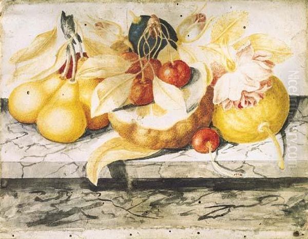 Pere, Un Limine E Ciliegie Su Un Piano Di Marmo Oil Painting by Octavianus Montfort