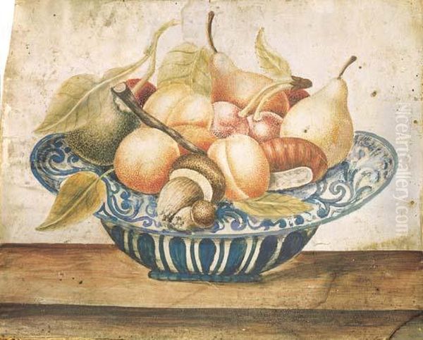 Funghi, Albicocche, Pere E Altri Frutti In Una Fruttiera Di Delft Oil Painting by Octavianus Montfort